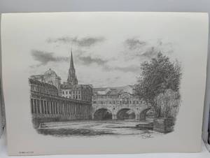 lot 4079 image: Bath Cathedral and Pulteney Bridge Pencil Drawing Print