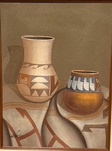 Artist Signed Southwestern Pottery Still Life Original Painting on Canvas – Santa Fe Style – Framed