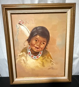 Original Native American Child-girl-Portrait Oil Painting on Canvas – Framed – Signed, Artist: Stone –