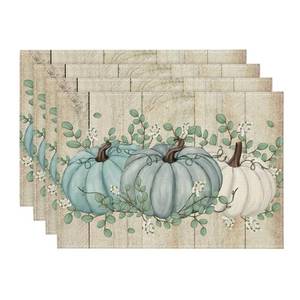lot 26022 image: Mode Wood Pumpkins Harvest Vintage Fall Placemats Set of 4, 12x18 Inch Eucalyptus Leaves Autumn Thanksgiving Table Mat for Party Dining Decoration - Retail $10