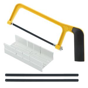 lot 26041 image: 6 Inch Mini Hacksaw and Mitre Block Set, Adjustable Miter Box and Saw Set with 2 Spare Blades, Aluminum Cutting Saw Hack Saws for Woodworking, Hacksaw, Metal Cutting (Yellow) - Retail $8