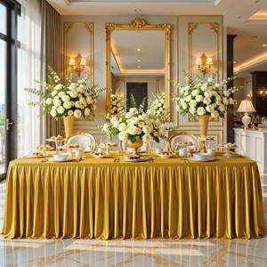 lot 26042 image: 6FT Gold Satin Tablecloths for Rectangle Tables - Shiny Spandex Party Table Cover with Pleated Table Skirt, No-Wrinkle & Glossy Wedding Tablecloth One-Piece for Birthday Baby Shower Banquet Ceremony (Yellow) food stain need wash - Retail $29