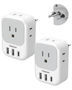 lot 26045 image: Brazil Plug Adapter 2 Pack, 7 in 1 US to Brazil Power Adapter with 3 USB Ports (1 USB-C Port) 4 American Outlets, Type N Travel Adaptor for USA to Brazilian - Retail $27