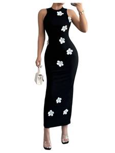 lot 26048 image: Womens Long Maxi Dresses 3D Floral Crewneck Sleeveless Knit Bodycon Wedding Guest Sun Dress 2025 Black and White (small) - Retail $20