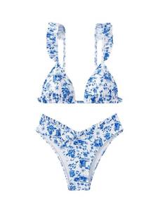 lot 26049 image: Womens 2 Piece Bikini Sets High Cut Ruffle Trim Triangle Floral Bathing Suit Wireless Tie Back Swimsuit Blue and White X-Large - Retail $10