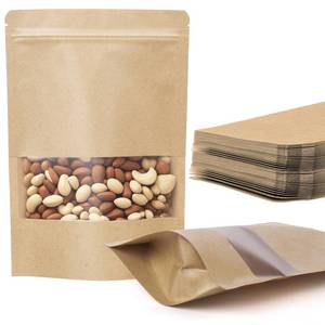 lot 26051 image: 100 Pcs Kraft Paper Bags with Window, 3.5 x 5.5 Stand Up Pouches Bags, Food Storage Bags for Packaging Products, Reusable, Sealable - Retail $10