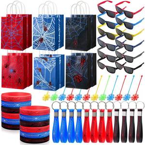 lot 26067 image: 60 Pcs Spider Party Favors Include Spider Sunglasses, Web Gift Tote Bags, Blue Red Black Rubber Wristbands, Silicone Keychains and Sticky Webs for Birthday Comic Themed Party Decoration - Retail $29