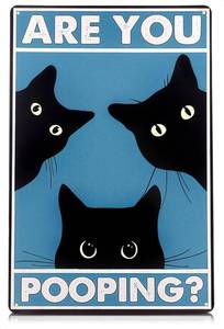 lot 26076 image: Are You Pooping Sign - Funny Cat Bathroom Sign with Anti-Rust Coating 12 x 8 Inch - Black Cat Decor for Home, Metal Wall Plaque for Toilet Decor, Cat Wall Art Humorous Farmhouse Funny Bathroom Art - Retail $9