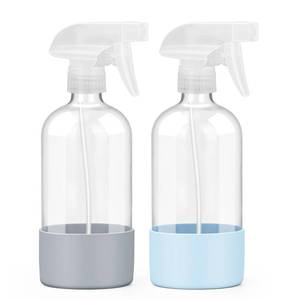 lot 26080 image: 2 Pack Glass Spray Bottles with Silicone Sleeve, 16 oz Empty Refillable Containers with Adjustable Spray Nozzles, Spray Bottles for Hair, Cleaning Solutions and Plants Blue&Grey (missing spray Nozzle) - Retail $14