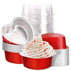 lot 26082 image: Mini Aluminum Foil Cupcake Cups with Lids (3.4oz) Heart Shaped Cake Pans - Disposable Mini Cupcake Cup Flan Baking Cups for Valentine Mothers Day Wedding Birthday (20cup and 10 lid) - Retail $10