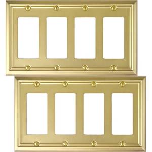 lot 26084 image: Quadruple Decorator Light Switch Cover Adler Metal Wall Plate, 2-Pack Brushed Brass 4 Gang Quadruple Rocker, for Receptacle Dimmer Switch GFCI Outlet, Switch Cover Decorative Wallplate, Durable - Retail $15