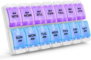lot 26106 image: AM PM Weekly 7 Day Pill Organizer, 2 Times A Day Pill Box with Arthritis Friendly Push Button, Medicine Cases for VitaminFish OilSupplements, Easy to Clean (Purple&Blue) - Retail $10