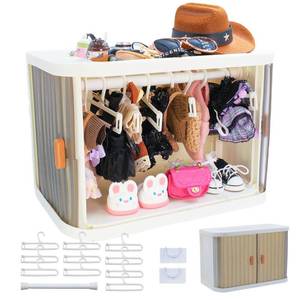 lot 26120 image: Foldable Doll Wardrobe Storage Box Compatible with Labubu Clothes with 10 Hangers & Rod - Stackable Organizer Cabinet for 1517cm Doll Clothes with Dust-Resistant Cover and Display Shelf - Retail $21