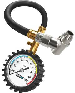 lot 26126 image: Tire Pressure Gauge 100 PSI - Large Dial Numbers & 45° Angle Chuck, Accurate Air Pressure Gauge for Tires - Retail $16