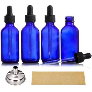 lot 26154 image: 3 Pack, 2 oz Dropper Bottles with 1 Funnel & 4 Labels - 60ml Thick Dark Blue Glass Tincture Bottles with Eye Droppers - Leakproof Essential Oils Bottle for Health, Personal Care & Beauty - Retail $7