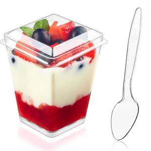 lot 26159 image: 50 Pack 5 oz Plastic Dessert Cups with Lids and Spoons, Clear Parfait Cups Pudding Cups Mini Party Serving Cups for Appetizer Fruit Yogurt Ice Cream - Retail $14
