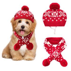lot 26171 image: 2 Pcs Dog Costumes Hat Scarf Set Knit Reindeer Snowflake Print Dog Christmas Winter Hat Scarf Cute Warm Pet Costume Accessories for Dogs Cats - Retail $13