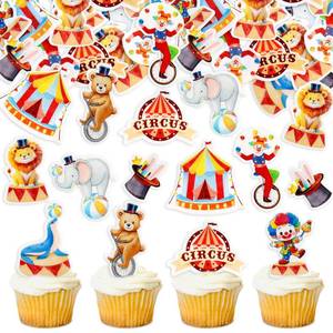 lot 26176 image: 45Pcs Edible Circus Animal Cupcake Toppers Lion Tiger Elephant Clown Cupcake Picks for Carnival Themed Kids Birthday Baby Shower Party Favor Decorations - Retail $8
