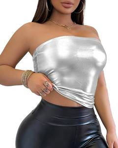lot 26183 image: Metallic Tube Top for Women - Stretchy Shiny Strapless Elastic Bandeau Bra Crop  Clubwear, Party, Festival, Dancing (US, Alpha, X-Large, Regular, Regular, Silvery) - Retail $15