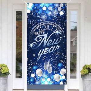 lot 26196 image: Happy New Year Door Cover, Blue Silver Firework New Year Door Hanging Sign Banner, New Years Eve Party Decorations,2025 New Years Eve Party Supplies, Home NYE Holiday Decorations - Retail $8