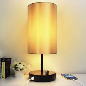 lot 26201 image: 17.75 Dimmable Bedside Table Lamp with Charging Station - 2 USB Ports & AC Outlet, Industrial Black Nightstand Light with Silver-Gray Shade for Living Room Dorm Office, Bulb Included. SHADE HAS SOME CREASES. - Retail $25