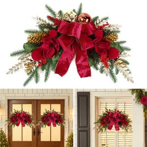lot 26210 image: 24 Christmas Swag for Front Door Teardrop Decoration with Bows, Xmas Balls, Red Magnolia, Berries, Pine Cone for Indoor Outdoor Swags Wall Window Table Mantel Home Holiday Hanging Decor,1 PCS - Retail $40