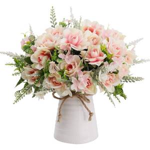 lot 26213 image: Artificial Flowers with Vase for Table Centerpieces, Fake Silk Gardenia Flower in Vase Decoration for Home Office Party (Pink) - Retail $27