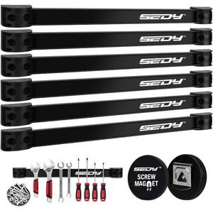 lot 26215 image: SEDY Magnetic Tool Holder Storage Organizer 7-Piece Garage Wall Mount Rack Organization Strip Power Magnet Organizers Mounted Workbench Board Slatwall Van Hanger.  MISSING 5 MOUNTING ENDS. - Retail $30