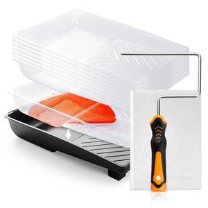 lot 26216 image: Paint Tray, 11 Pcs, 6 inch Paint Tray Kit with Disposable Tray Liners and 6 Inch Paint Roller Frame, 9x12 Plastic Feet Drop Cloth for Painting - Retail $15