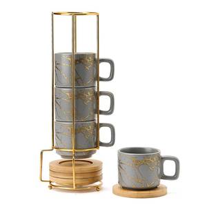 lot 26224 image: LUKA Porcelain Espresso Cup with Saucer and Metal Stand, 4 Ounce Stackable Ceramic Demitasse Espresso Mugs Cups Set for Latte, Specialty Coffee Drinks, Cafe Mocha, Tea - Set of 4, Gray - Retail $34