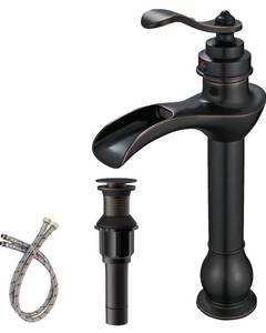 lot 26227 image: BWE Vessel Sink Faucet Oil Rubbed Bronze Bathroom Faucet with Pop Up Drain Assembly and Supply Hose Single-Handle Single Hole Tall Bathroom Faucet Vanity Lavatory Mixer Tap Tall Body - Retail $66