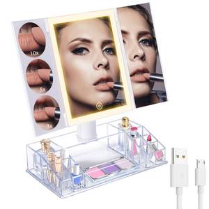 lot 26228 image: Trifold Makeup Mirror with Lights and Magnification 3X, 5X, 10X, Clear Cosmetic Storage Organizer, 3 Way Lighted Vanity Mirror, 3 Color Changing Dimming Touch Tabletop Mirror