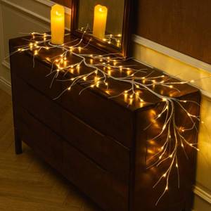 lot 26237 image: White Birch Garland with Lights 6ft 72LED, Battery Operated Twig Vine with Timer, Lighted Birch Tree for Walls Home Mantle Decoration Indoor Outdoor - Retail $23