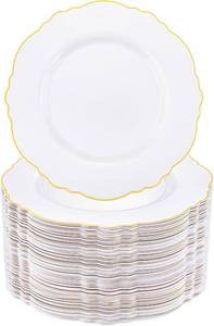 lot 26399 image: WDF 60pcs Gold Plastic Dinner Plates -10.25inch Baroque White and Gold Plates Fancy Plastic Plates for Upscale Bridal Shower & Wedding & Birthday - Retail $40