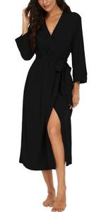 lot 26404 image: Women Kimono Robes Long Knit Bathrobe Lightweight Soft Knit Sleepwear V-neck Casual Ladies Loungewear Black-Large - Retail $20