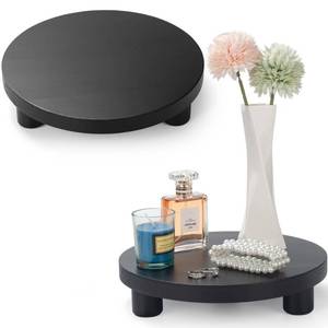 lot 26409 image: Wood Riser for Decor, 2 Pack Wood Pedestal Stand for Display, Round Wooden Tray for Kitchen Counter, Wooden Pedestal Stand for Plant Pot Indoor.  - Retail $23