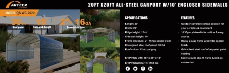 lot 8662 image: Arteer 20 x 20 Carport  QB-WG-2020