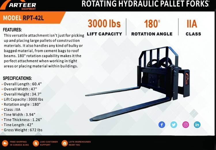 lot 8670 image: 2025 ARTEER RPT-42L 42 in Rotating Hydraulic Skid Steer Forks (Unused)