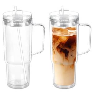 lot 1125 image: oaptuza 2 Pack 40 Oz Acrylic Tumbler with Handle, Double Wall Reusable Plastic Coffee Cups with Lids and Straws, BPA Free Clear Travel Mug Cup for Juice, Milk, Smoothie, Soda