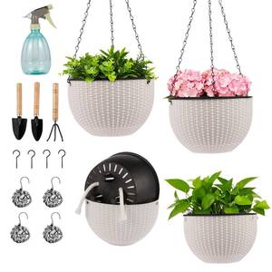 lot 1126 image: 4 Sets of 8.2 Inch Self Watering Hanging Planter Flower Pots, Suitable for Indoor and Outdoor Plant Flower, Basket Flower Pots with Hanging Chains, Spray Bottles, Planting Tools, Hook (White)