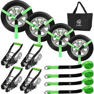 lot 1134 image: Towmax 4 Pack Car Tie Down Straps for Trailers - 2 x 8 Heavy Duty Tire Straps with Snap Hooks - 10,000lbs Break Strength, Adjustable Lasso Style Wheel Straps for Hauling Cars, Truck, UTV(Green)