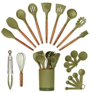 lot 1138 image: Silicone Kitchen Utensils Set & Holder Cooking Utensils Set - Kitchen Essentials for New Home & 1st Apartment- Silicone Spatula Set, Cooking Spoons for Nonstick Cookware (Acacia Wood, Green)