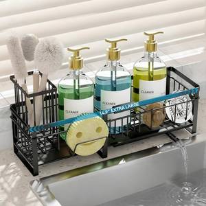 lot 1139 image: Aurblozen Extra Large Extendable Sponge Holder for Kitchen Sink, Rustproof Sink Caddy Organizer with High Brush Holder, Dish Soap Dispenser Organizers and Storage (Black)