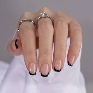 lot 1169 image: French Tip Press On Nails - BTArtbox Jelly Square Fake Nails with Nail Glue, Reusable Semi-Transparent Stick On Nails in 16 Sizes - 32PCS Soft Gel Glue On Nails Kit, Classic Black