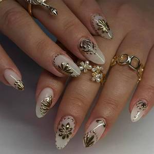 lot 1208 image: LBPEPAMZ 30Pcs Metal Flower Press on Nails Short Medium Almond Fake Nail Gold Chrome Plating Floral Acrylic Nails False Nail 3D Carving French Tips Full Cover Glossy Stick on Nails for Women