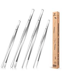lot 1222 image: 4 Pcs Fine Long Tweezer Tongs Professional Silver, 12 and 10 Stainless Steel for Kitchen, Food, Cooking, Repairing, Sea food and BBQ