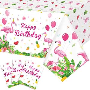lot 1225 image: 3 Pcs Happy Birthday Luau Party Tablecloth - Rectangular Tropical Plastic Pink Flamingo Table Cover for Flamingo Birthday Party Decorations Summer Picnic Beach, 54 x 108 Inch