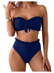 lot 1245 image: SOLY HUX Womens Bandeau Bikini Set Tie Knot Front Frill Strapless High Waisted Bathing Suit Two Piece Swimsuit Plain Dark Blue Small