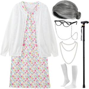 lot 1247 image: EBYTOP Old Lady Costume for Kids Halloween 100th Day of School Girls Dress up Granny Wig Grandma 100 Days Glasses Cane,1-WH 8-10