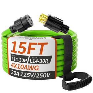 lot 1257 image: PlugSaf 15FT 30 Amp Generator Extension Cord 4 Prong, NEMA L14-30PL14-30R 10 Gauge STW 125250V Twist Lock Generator Cord Heavy Duty, Green ETL Listed